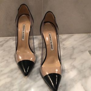 Manolo Blahnik patent black and clear pumps